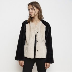 Velvet Colorblock Faux Fur Jacket in Cream/Black
